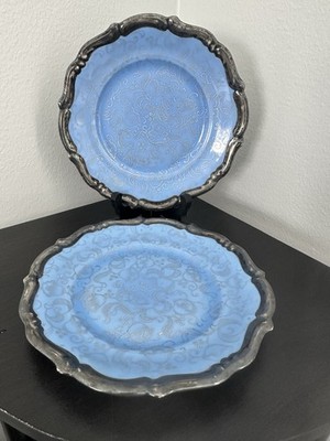 2 Keram-Silber vintage China Dekor Pattern Salad Plates Silver Rim Bavaria
