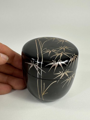 Vintage Japanese Tea Ceremony Natsume Black Lacquer Silver Bamboo 3” - Picture 7 of 10