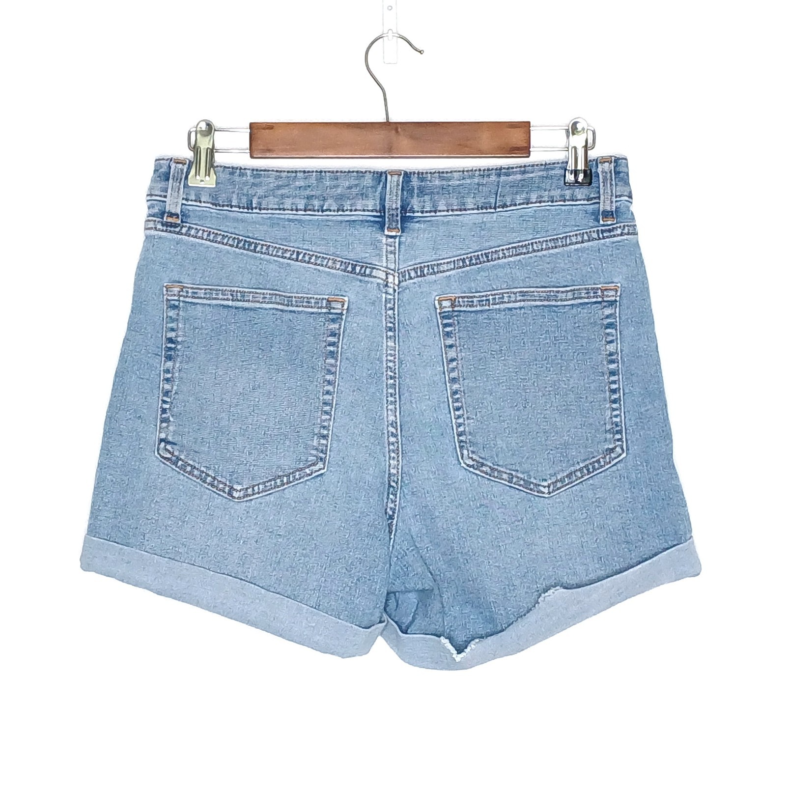 H&M womens high rise mom shorts size 10 stretch light wash blue cuffed denim thumbnail 2