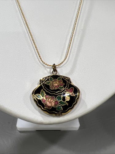 Vintage Cloisonne Clam Shaped Pendant Floral Black Enamel Gold Tone Chain 18" - Picture 3 of 9