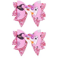 Halloween Ghost Hair Bows for Girls, Pink Glitter Leather Printed Bows, Metal...