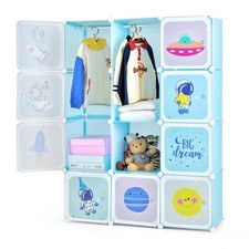 Kids 12-Cube Wardrobe Closet with Doors Blue Frame 35x35cm Compartments Blue