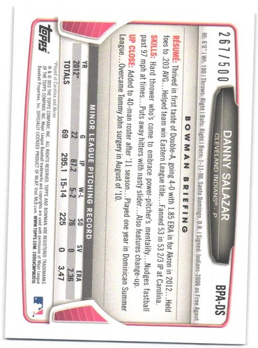 2013 Bowman Danny Salazar #BPA-DS Prospect Autographs Blue #267/500 - Picture 2 of 2