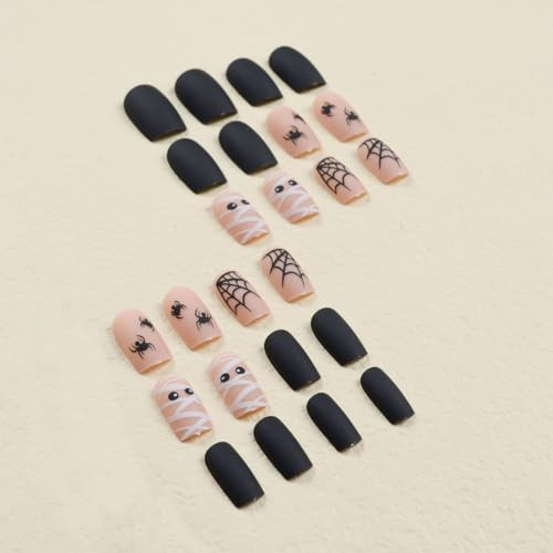 Halloween Press on Nails Short Square Fake Nails Black False Nails style30 - Picture 4 of 7