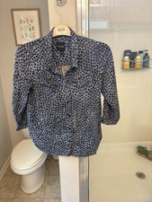 Nic Zoe Women Blue Leopard Print Button Down Shirt 3/4 Sleeve Size S