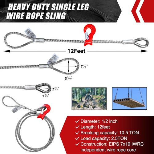 FITHOIST Single Leg Wire Rope Sling, 10.3T Steel Log Choker Cable Rigging 12F - Picture 4 of 8
