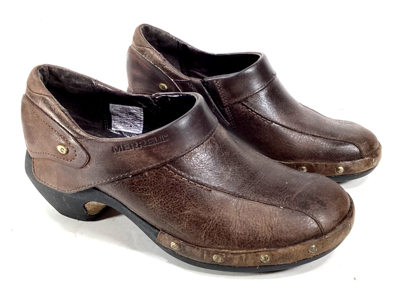 Merrell Luxe Brown Shoes Womens Size 6 Slip On Leather Comfort Studded Clogs