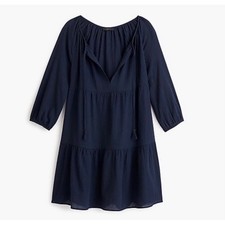 J.Crew Navy Blue Cotton Gauze Tiered Mini Dress Tassel Tie Neck AK598 Medium