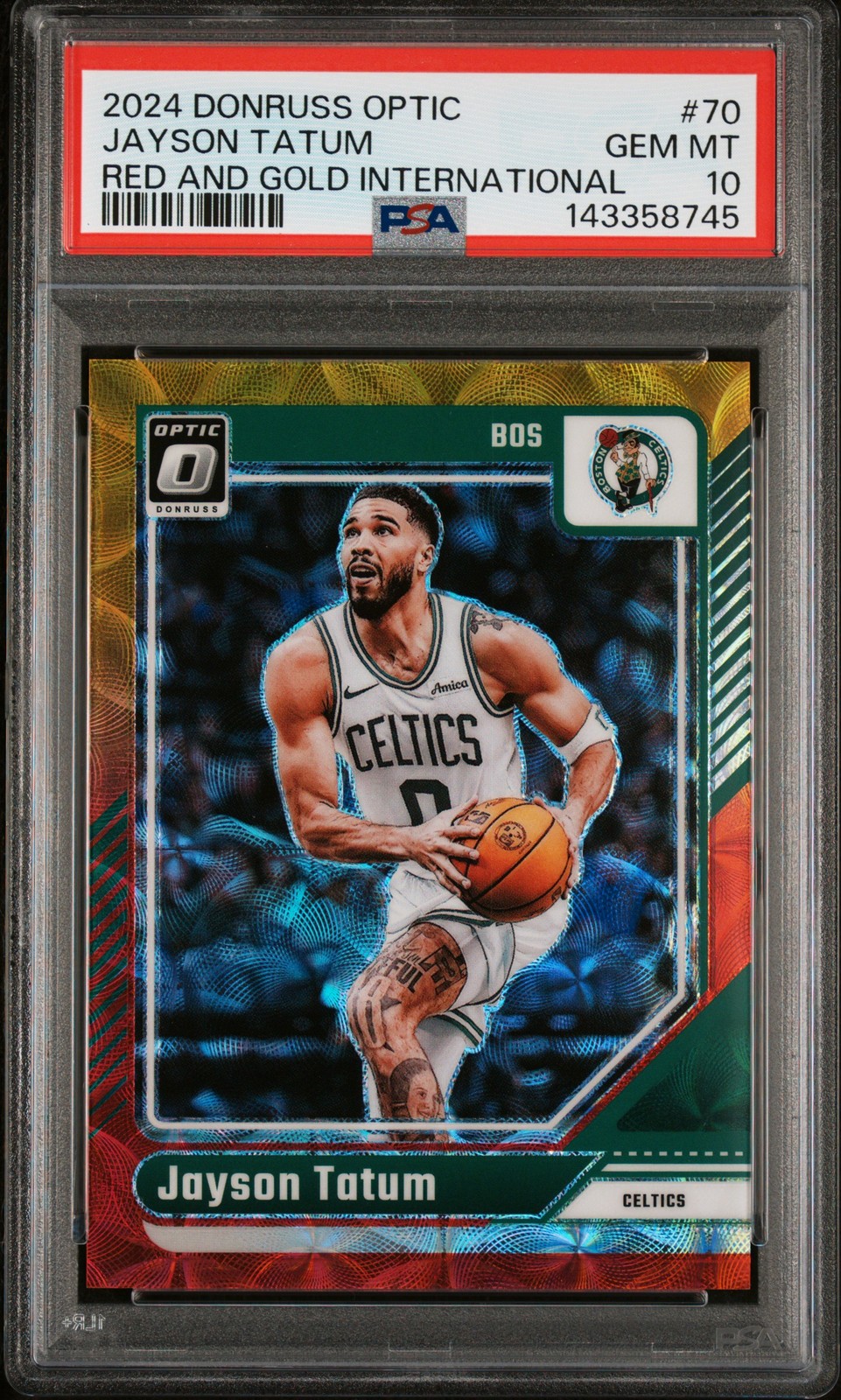 2024 PANINI DONRUSS OPTIC RED & GOLD INTERNATIONAL #70 JAYSON TATUM 20/99 PSA 10