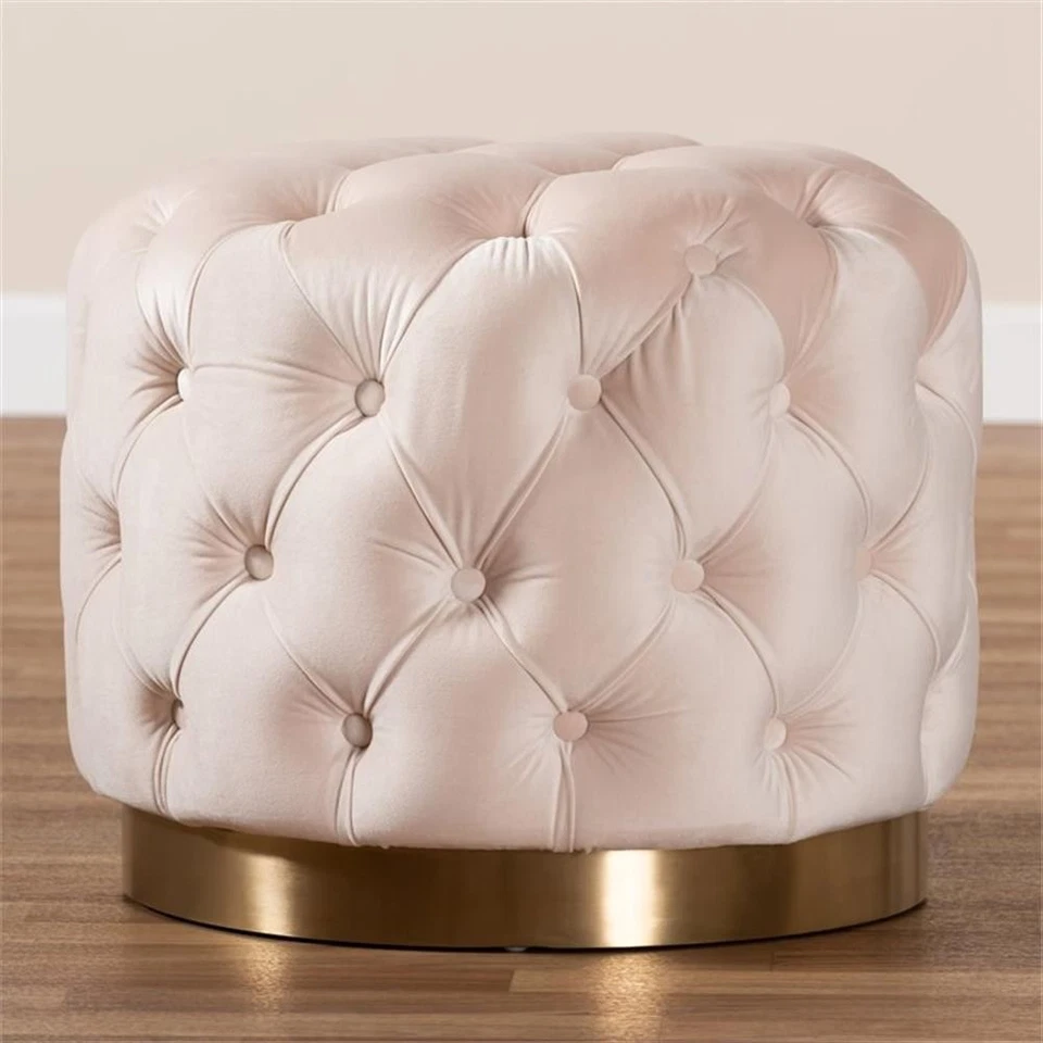 Baxton Studio Valeria Modern Tufted Velvet Ottoman in Light Beige and Gold - Image 4 of 4