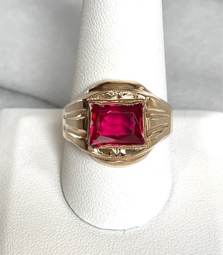 POOLE MENS YELLOW GOLD LAB-CREATED PINK SAPPHIRE SIGNET RING SIZE 11 - Picture 2 of 8
