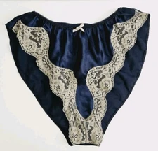 Vtg Myonne Hi Cut Leg Bikini Lace Trim Navy Gray Sissy Panties Medium Silky USA