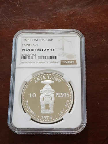 1975 Dominican Republic Proof Silver 10 Pesos Arte Taino NGC PF 69 UC.