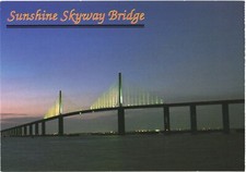 Florida Sunshine Skyway Bridge at Night Sweeps Across Tampa Bay Vintage Postcard