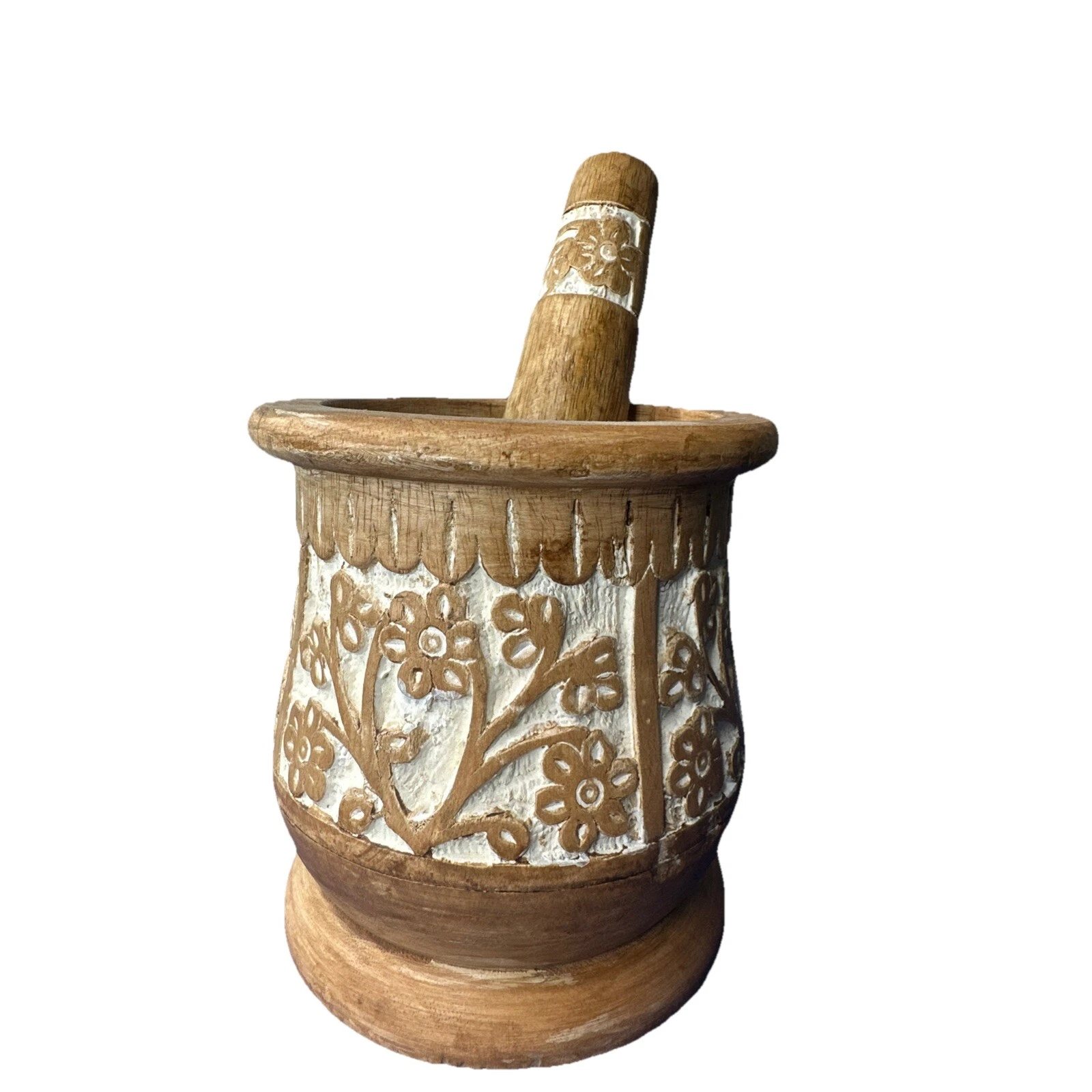 Hand Carved Wooden Mortar and Pestle Floral Design Handmade India