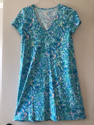 Lilly Pulitzer Women's Small Etta V-Neck Short Sleeve Dress Surf Blue Coral