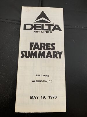 Vintage May 19, 1978 Delta Fares Summary Baltimore Washington DC Airline