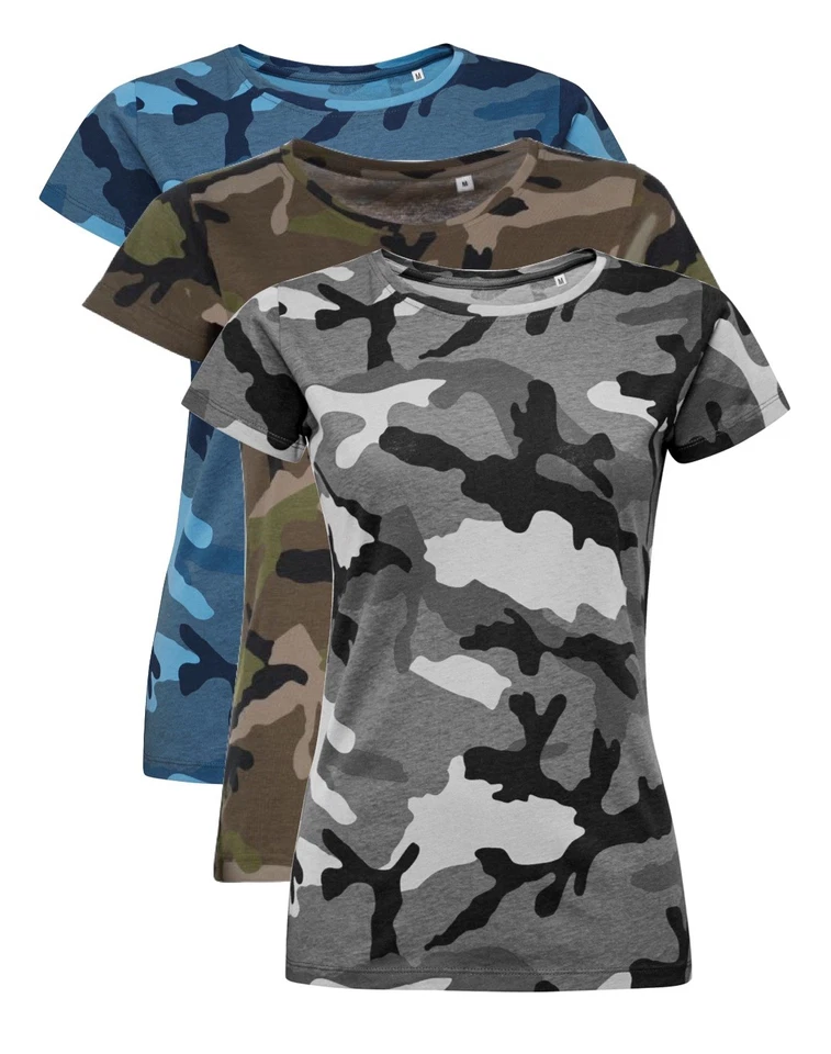 Sols Damen Grau Oder Blau Camo T-Shirt Militär Armee Dschungel Tarnung Tee - Bild 1 von 1