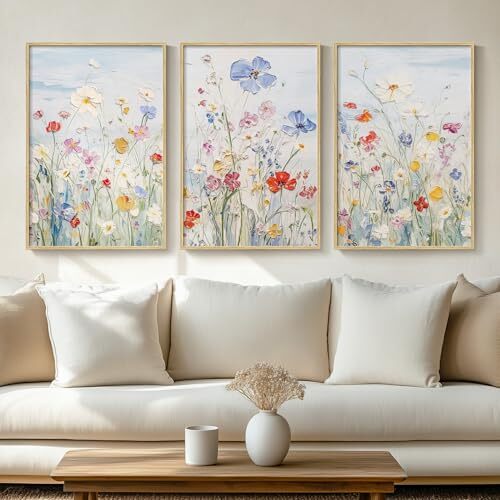 Framed Floral Wall Art 3 Piece Colorful Wildflower Canvas Wall 24