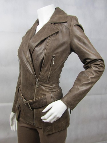 Ladies Brown Old Look Napa Leather Slim Tight Fitted Biker Jacket Bike - Picture 3 of 12
