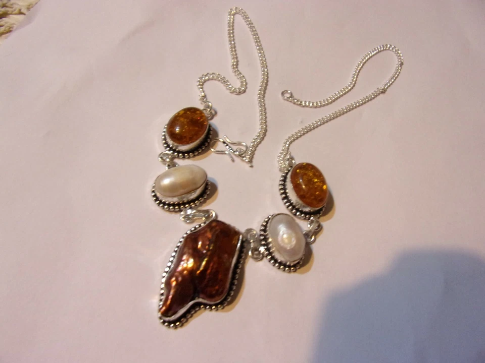 catenina in argento 925  con perle naturali e ambra - Immagine 4 di 4