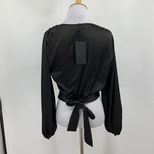 Kendall & Kylie Top Women Extra Small Black Satin Overlap Cropped Billowy Sleeve - Picture 6 of 10