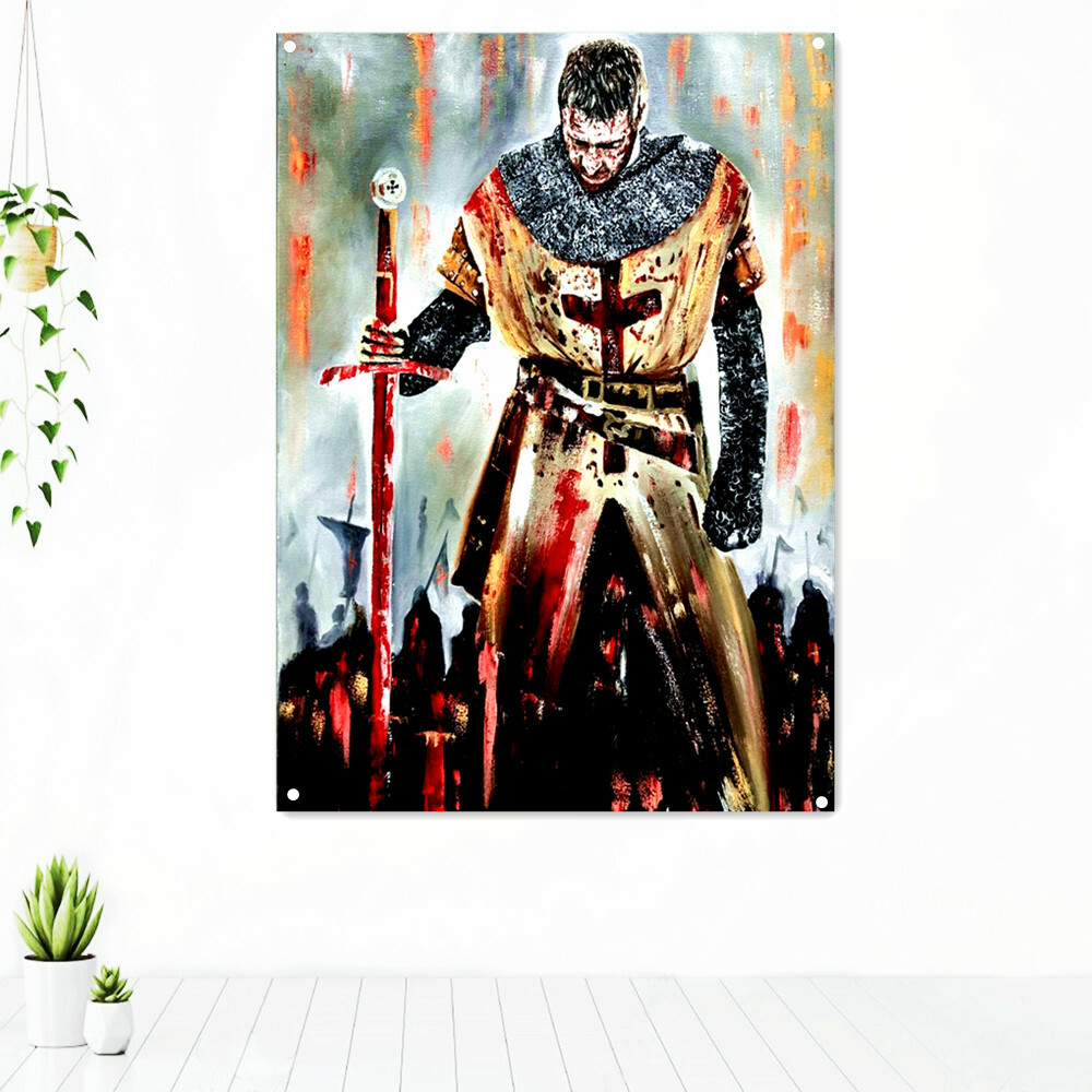 Medieval Armor Warrior Banner Posters Wall Art Masonic Knight Templar Flag Mural