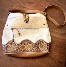 Myra Bag Hand Tooled Leather With Sunflowers & Hair On Cowhide Crossbody Euc