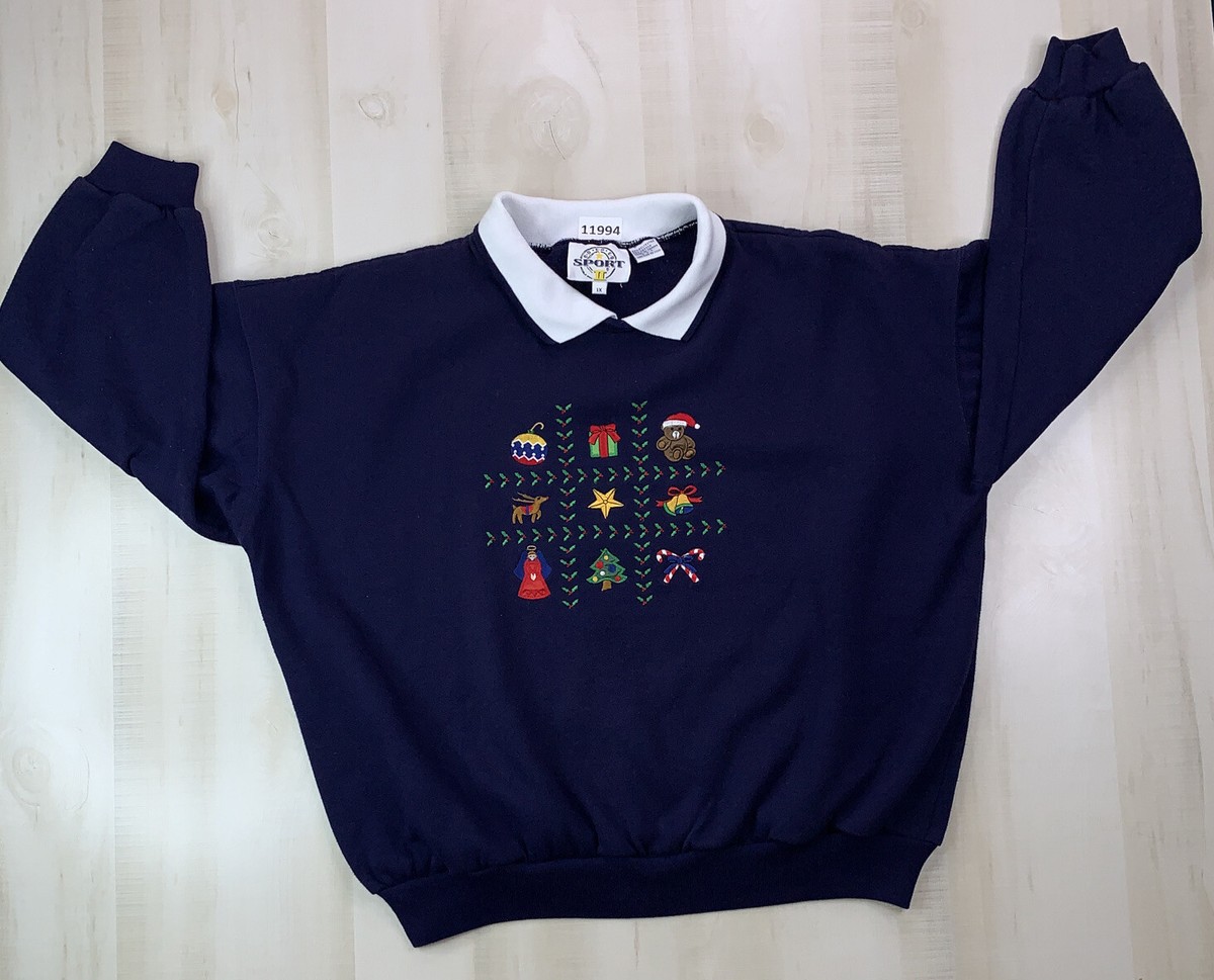Vintage 90s Collar Navy Blue Embriodered Christmas Sweater Grandma Style  1X- | eBay