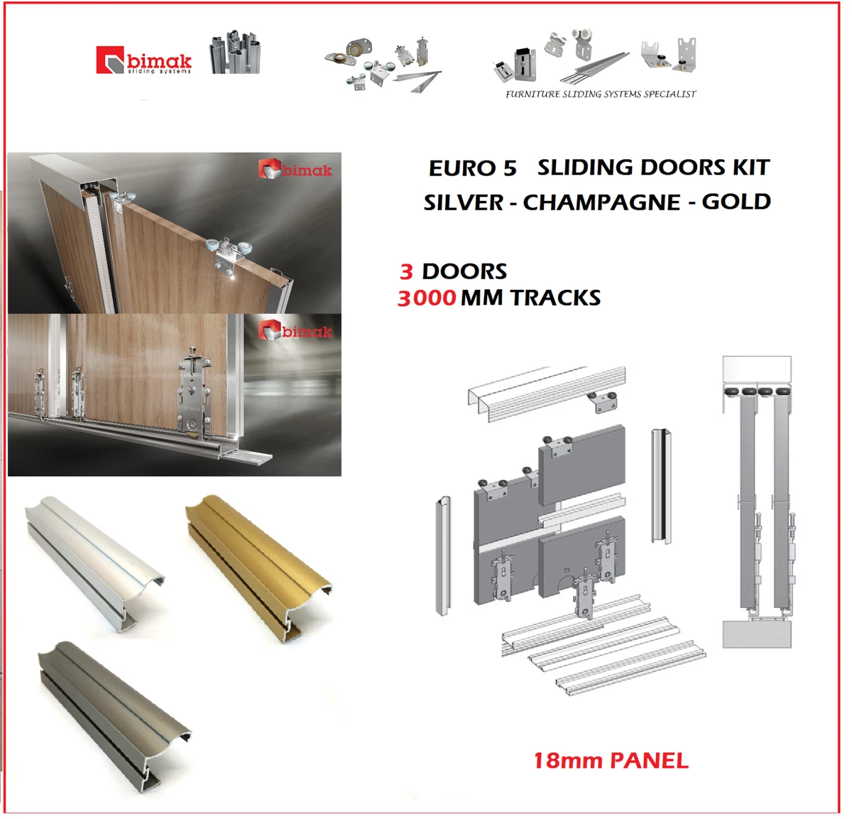 EURO 5 BIMAK SLIDING WARDROBE DOOR GEAR SET FOR 3 DOORS 3M TRACK