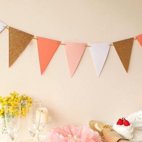 10Ft Vintage Rose Gold Pennant Banner Boho Paper Bunting for Wedding Baby Shower - Picture 9 of 9