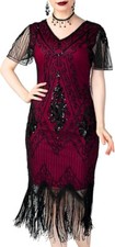 Pretty Guide 1920s Sequin Beaded Embellished Flapper Dress Art Deco Fringe M