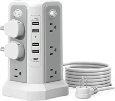 Surge Protector Power Strip Tower with USB C Port(PD18W),10FT Gray White