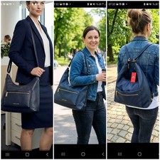 Women Pierre Cardin Navy Genuine Leather Convertible Backpack Shoulder Hobo Bag