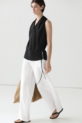 Massimo Dutti 100% Linen Wide Leg Trousers Sz AU 10 Adjustable Button Cuff NEW
