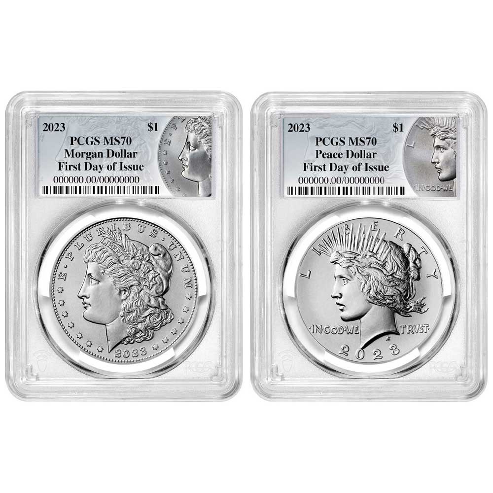 2023 $1 Morgan and Peace Silver Dollar 2pc Set PCGS MS70 FDOI Morgan &