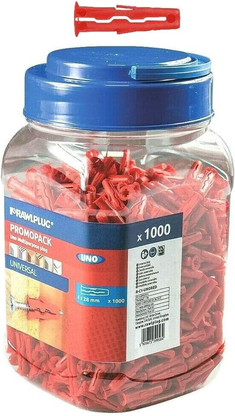Uno Universal Wall Plugs | Jar of 6 Mm RED | Rawl Plugs for Plasterboard Masonry
