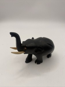 Vtg Ebony Wood Hand Carved Elephant Figurine Ceylon Sri Lanka Trunk Up Good Luck