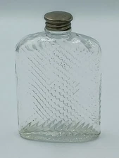 Vintage Universal 1927 Ribbed Glass Hip Flask Silver Cap Prohibition Era