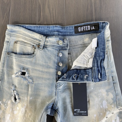GFTD LA Jeans Mens 32x34 Blue Slim Fit Paint Splashed Streetwear Ripped Denim - Picture 11 of 18