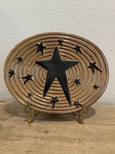Vintage Honey & Me Pottery Ceramic Oval Platter 11” Primitive Stars Folk Art