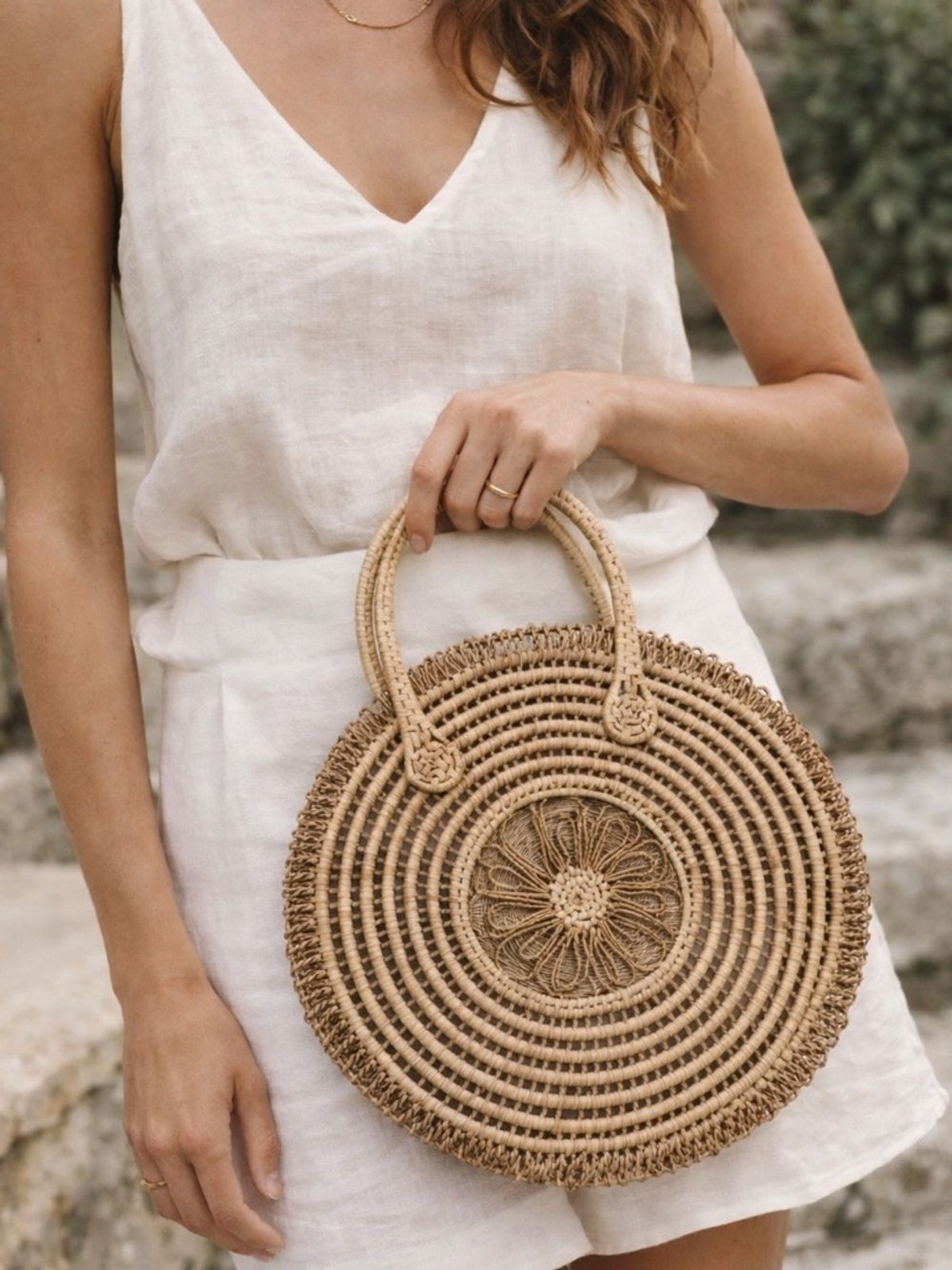 Vintage Round Straw Rattan Bag Woven Basket Purse Boho Coastal Resort Summer