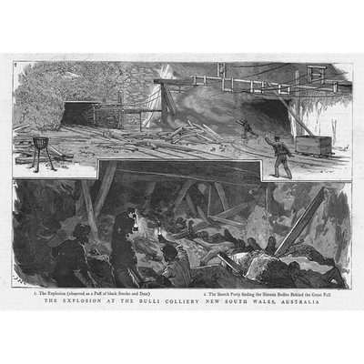 AUSTRALIEN Explosion in der Bulli Zeche New South Wales - antiker Druck 1887