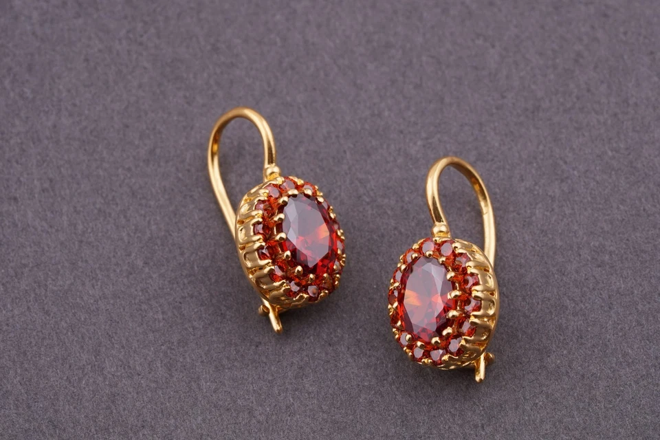 2Ct Oval Cut Lab Created Red Garnet Drop Dangle Earrings 14k Yellow Gold Plated - Image 4 of 4