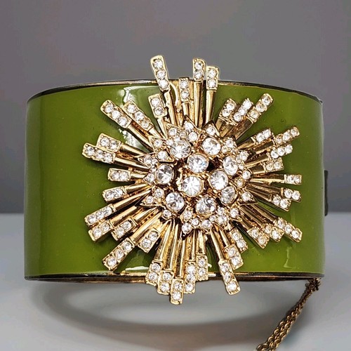Vtg J. Crew Wide Bracelet Starburst Atomic Rhinestone Green Enamel Hinged Bangle