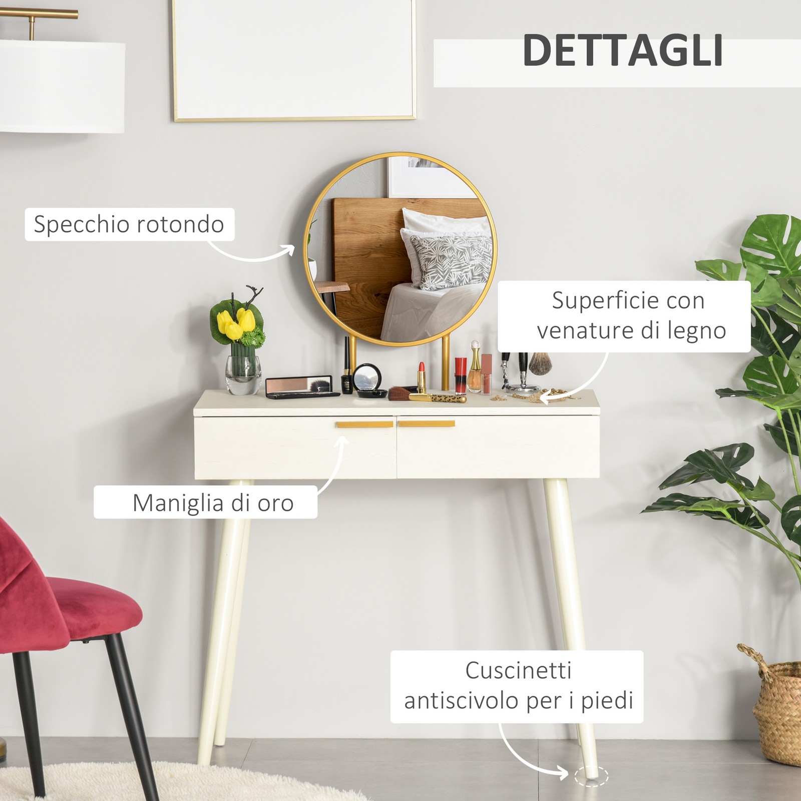 HOMCOM Tavolo Trucco con Specchio e 2 Cassetti per Accessori in Legno Bianco foto 5