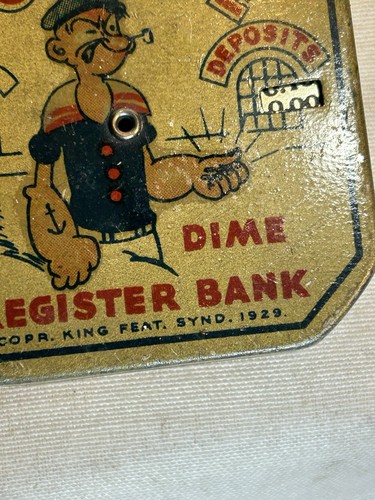 Banco de registro de monedas de diez centavos Popeye 1929 King Features Syndicate de metal vintage - Imagen 4 de 10