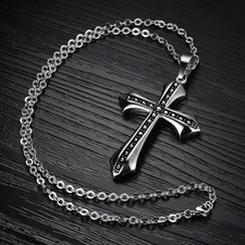 Silver Black Double Layer Cross Pendant Necklace Christian Jewelry Box Chain 24