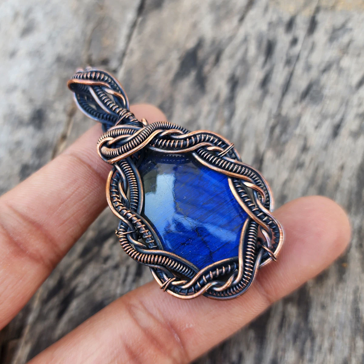 Peacock Neck Blue Labradorite Wire Wrapped Copper Pendant Jewelry