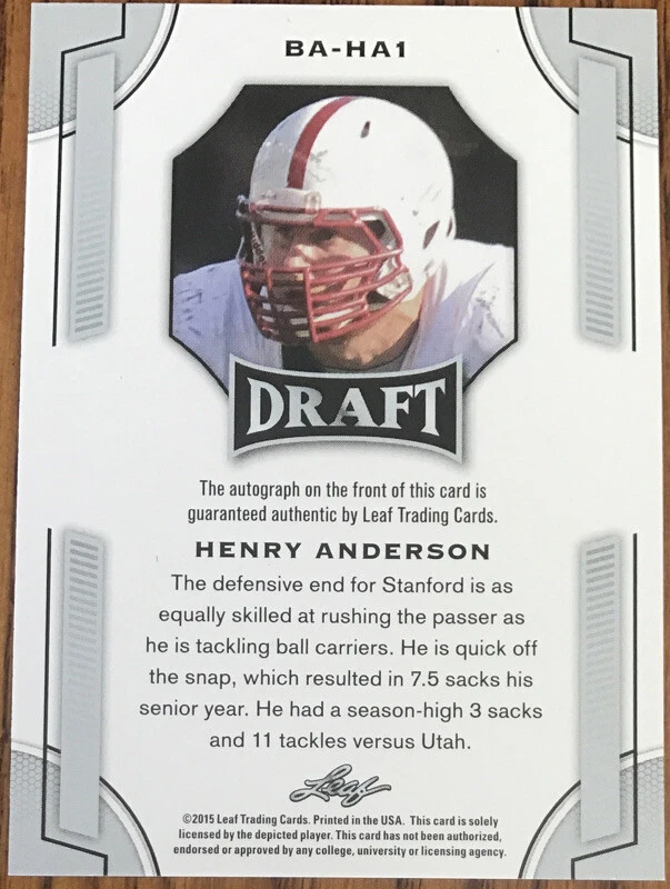 2015 Leaf Draft Autographs Henry Anderson #BA-HA1 Stanford Cardinal - Image 2 of 2